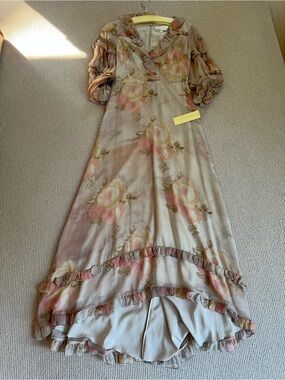 Mikael Aghal Silk Floral Ruffle Maxi Dress in Soft Taupe and Blush
